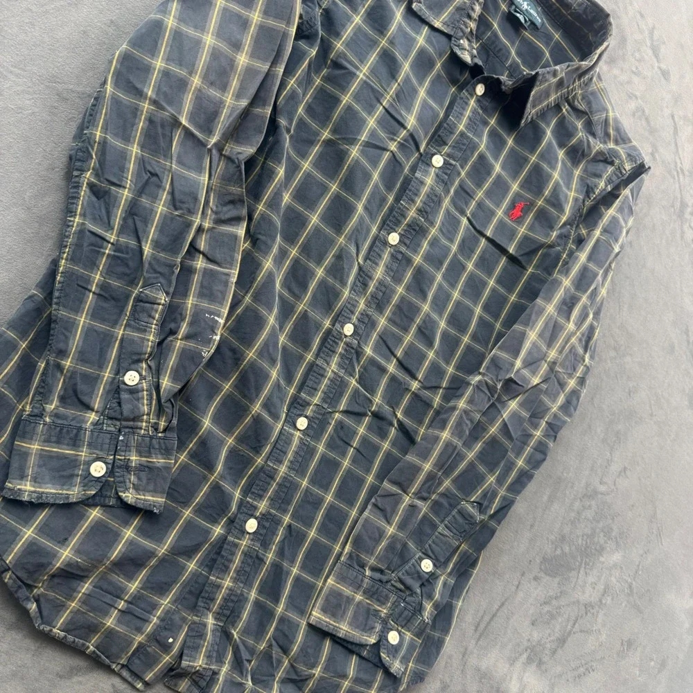 Ralph Lauren Boys XL 18-20 Plaid Button Down Shirt Navy Blue Yellow Red Pony